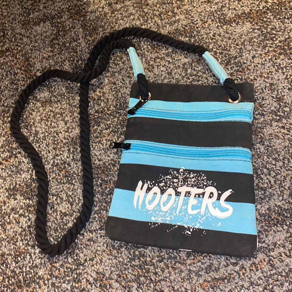 Hooters Black and Light Blue Striped Crossbody Bag